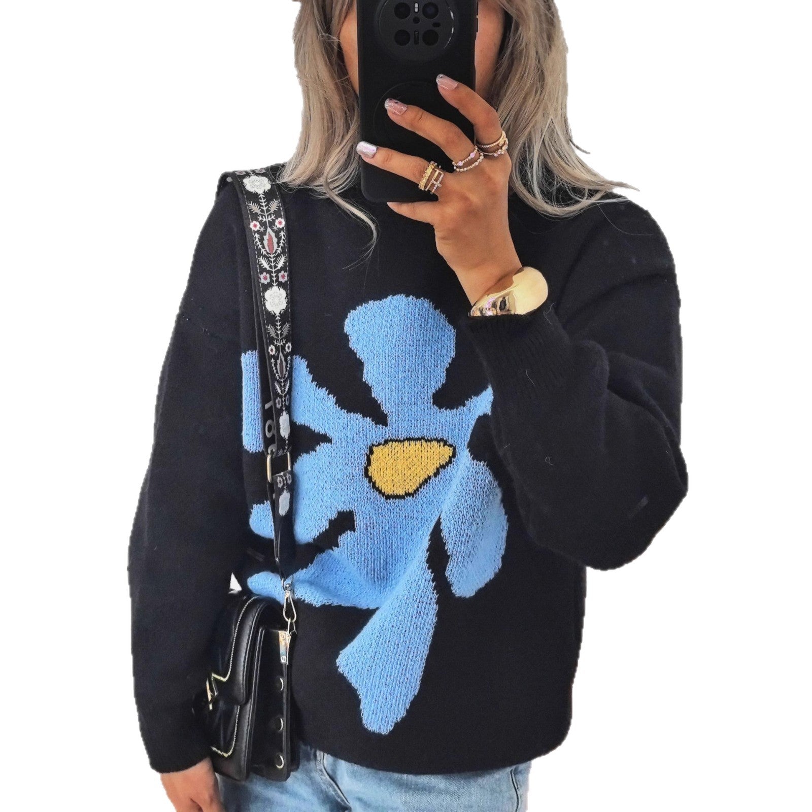 Damen Pullover mit auffälligem Blütenmotiv und lockerer Passform R&B