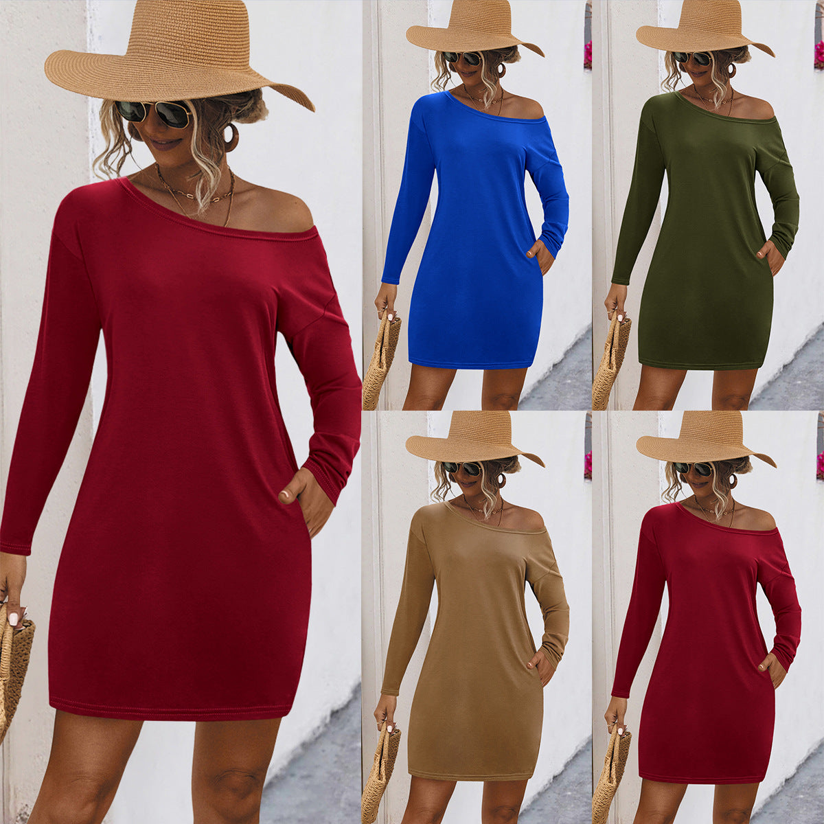 Damen Off-Shoulder Kleid mit langen Ärmeln und seitlichen Taschen R&B