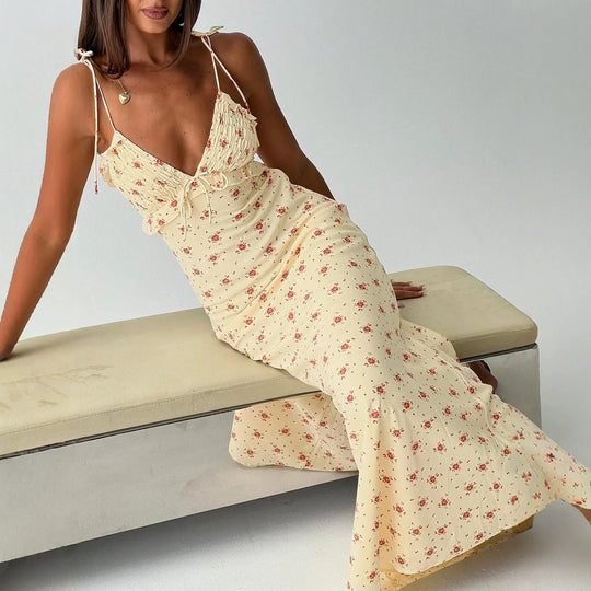 Damen Maxi-Kleid mit verspieltem Blumenmuster und verstellbaren Spaghetti-Trägern R&B