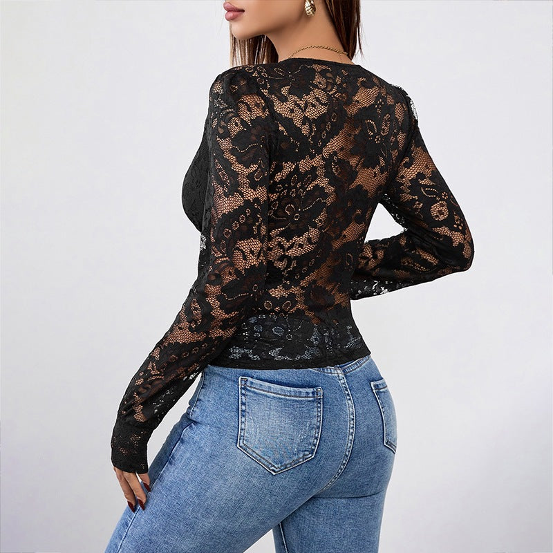 Damen Spitzenbluse mit tiefem V-Ausschnitt und langen Ärmeln R&B