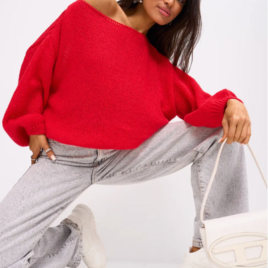 Damen Flauschiger Off-Shoulder Pullover mit überschnittenen Schultern R&B