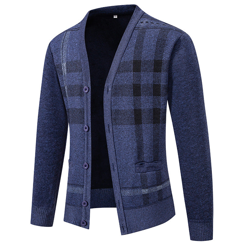 Herren stilvolle Strickjacke mit modernem Karomuster und praktischen Taschen R&B