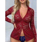 Damen Transparente Spitzenbluse mit knöpfbarem Ausschnitt und langem Arm R&B