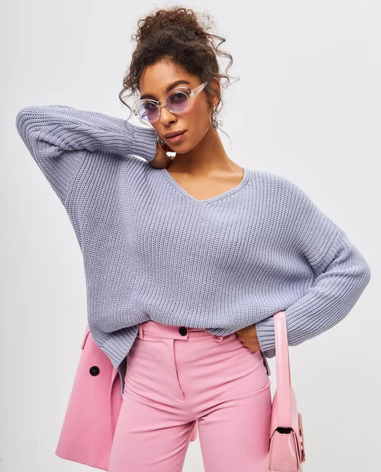 Damen lässiger Strickpullover mit tiefem V-Ausschnitt und seitlichen Schlitzen R&B