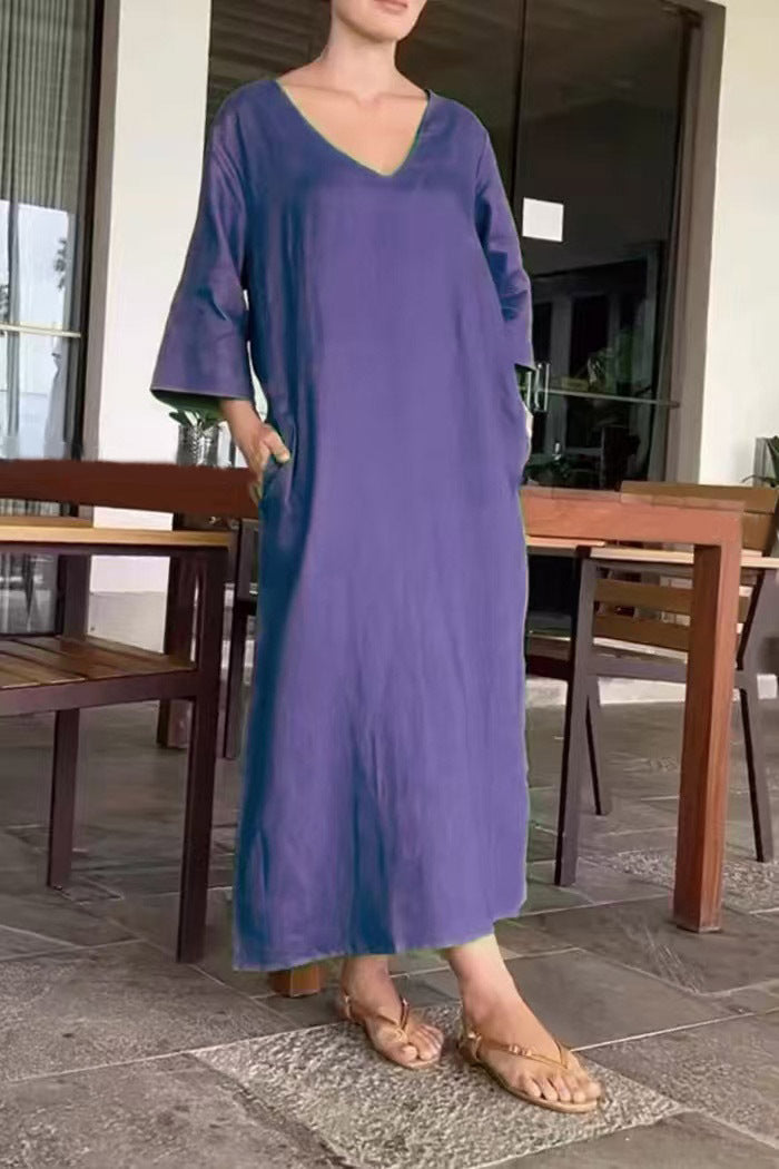Damen luftiges Maxikleid aus atmungsaktiver Baumwolle mit V-Ausschnitt und praktischen Taschen R&B