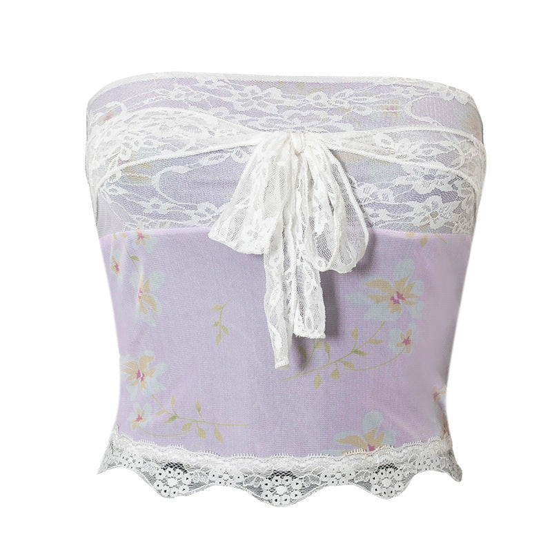 Damen Bandeau-Top mit floralen Details und Spitzenabschluss R&B