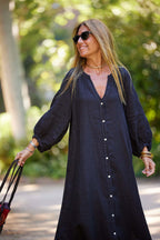 Damen lässiges Langarmkleid mit Knopfleiste und Ballonärmeln R&B