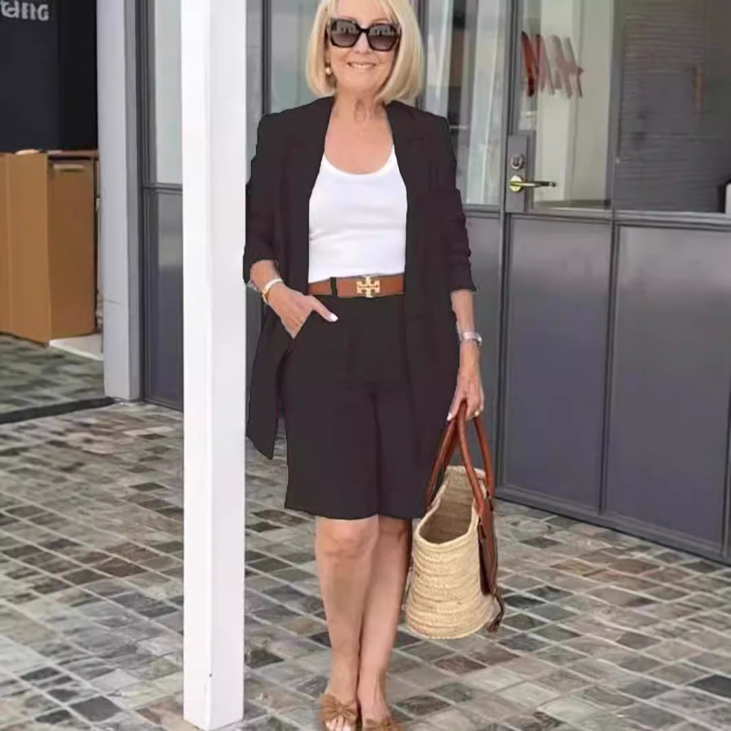 Damen Modisches Blazer-Shorts-Set mit doppelter Knopfleiste und eleganter Passform R&B
