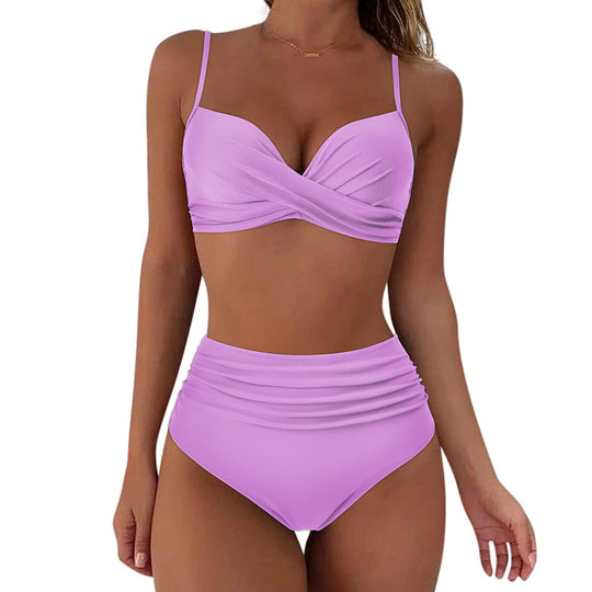 Damen Hochtailliertes Bikini-Set mit floralem Oberteil und gerafftem Höschen R&B