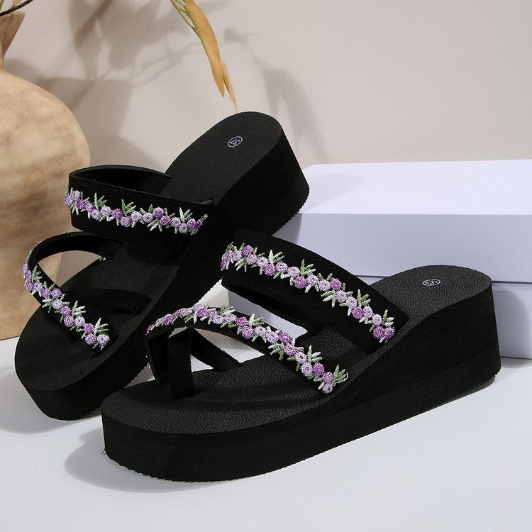 Damen modische Plateau-Pantoletten mit buntem Blumenmuster R&B