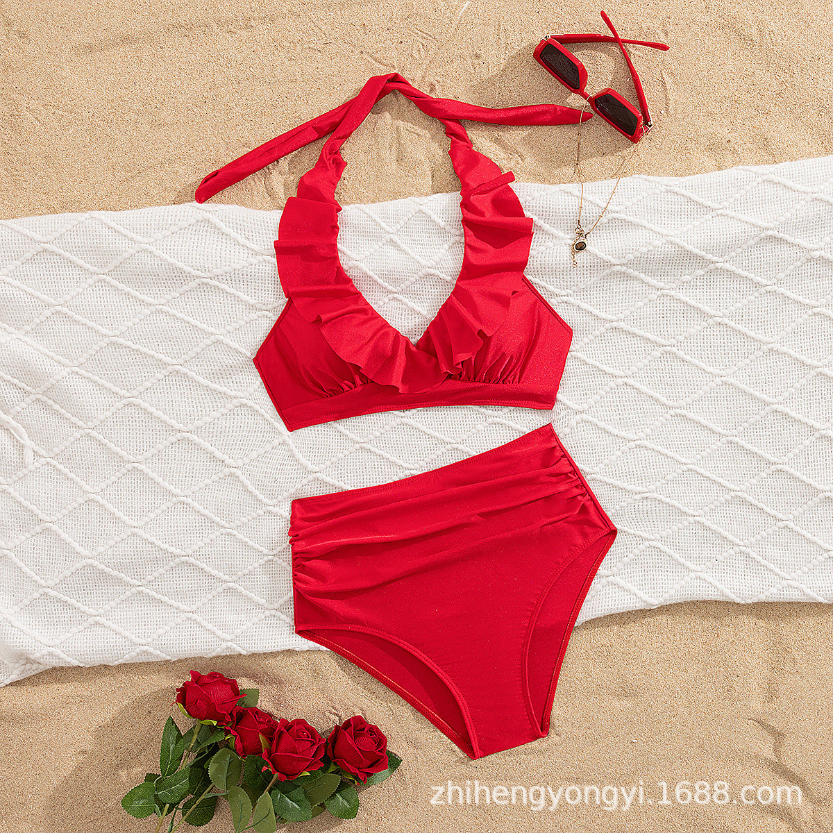 Damen Hoch-waisted Bikini mit voluminösem Rüschendesign R&B