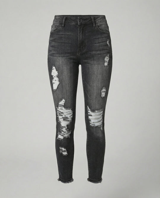 Damen figurbetonte Jeans im lässigen Destroyed-Look mit hohem Bund R&B