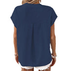 Damen stylisches Kurzarm-Oberteil mit Knopfdetails und trendigem Stehkragen R&B