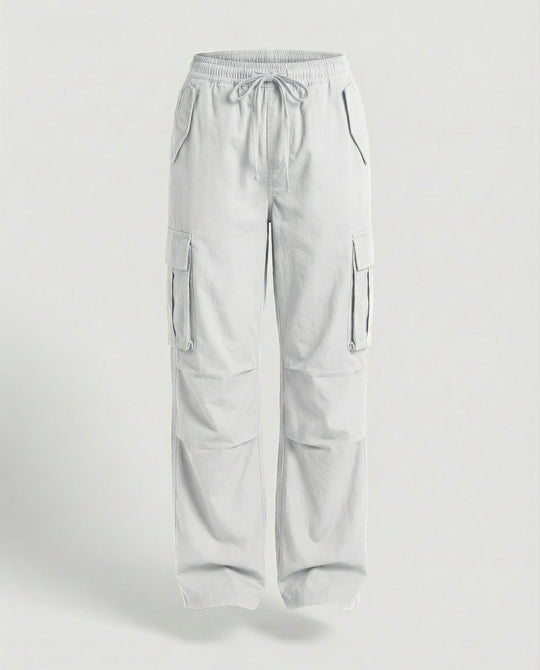 Damen weite Cargo-Hose im Retro-Utility-Stil mit hochgeschnittenem Bund Tunnelzug Mehrfachklappentaschen und verstellbaren Seitenschlaufen R&B