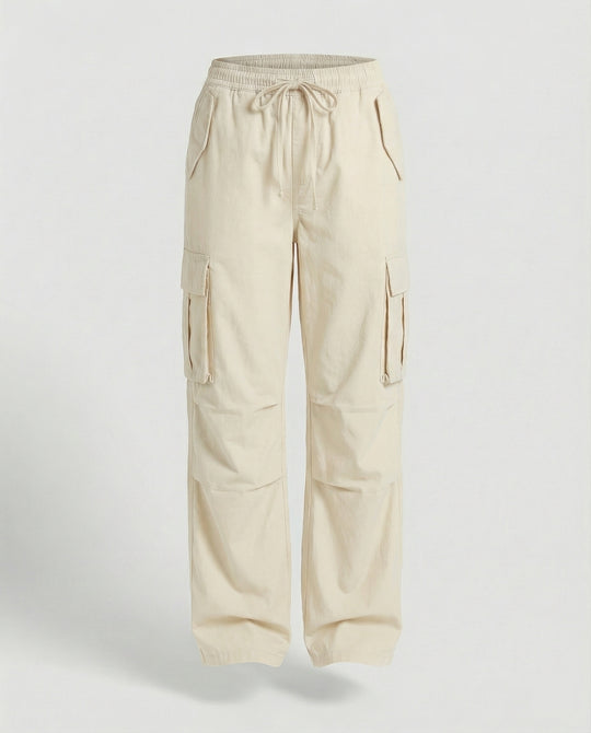 Damen weite Cargo-Hose im Retro-Utility-Stil mit hochgeschnittenem Bund Tunnelzug Mehrfachklappentaschen und verstellbaren Seitenschlaufen R&B