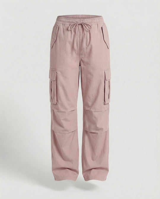 Damen weite Cargo-Hose im Retro-Utility-Stil mit hochgeschnittenem Bund Tunnelzug Mehrfachklappentaschen und verstellbaren Seitenschlaufen R&B