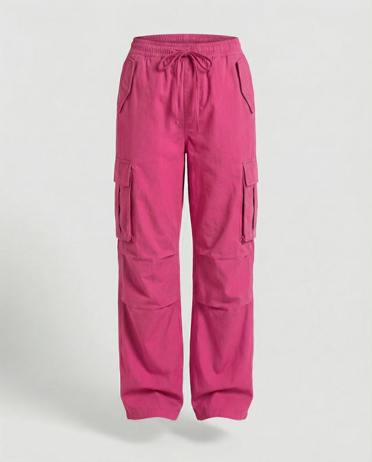 Damen weite Cargo-Hose im Retro-Utility-Stil mit hochgeschnittenem Bund Tunnelzug Mehrfachklappentaschen und verstellbaren Seitenschlaufen R&B