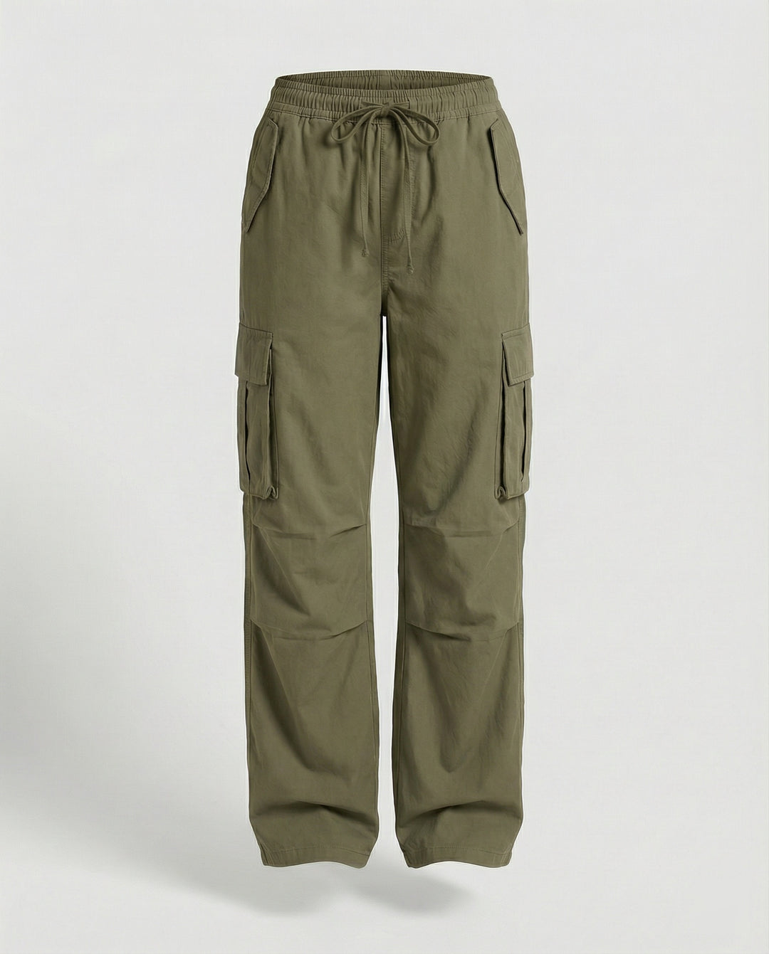Damen weite Cargo-Hose im Retro-Utility-Stil mit hochgeschnittenem Bund Tunnelzug Mehrfachklappentaschen und verstellbaren Seitenschlaufen R&B