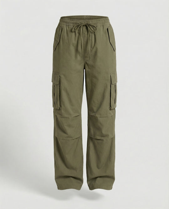 Damen weite Cargo-Hose im Retro-Utility-Stil mit hochgeschnittenem Bund Tunnelzug Mehrfachklappentaschen und verstellbaren Seitenschlaufen R&B