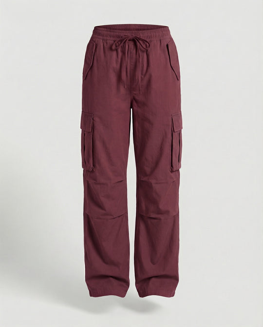 Damen weite Cargo-Hose im Retro-Utility-Stil mit hochgeschnittenem Bund Tunnelzug Mehrfachklappentaschen und verstellbaren Seitenschlaufen R&B