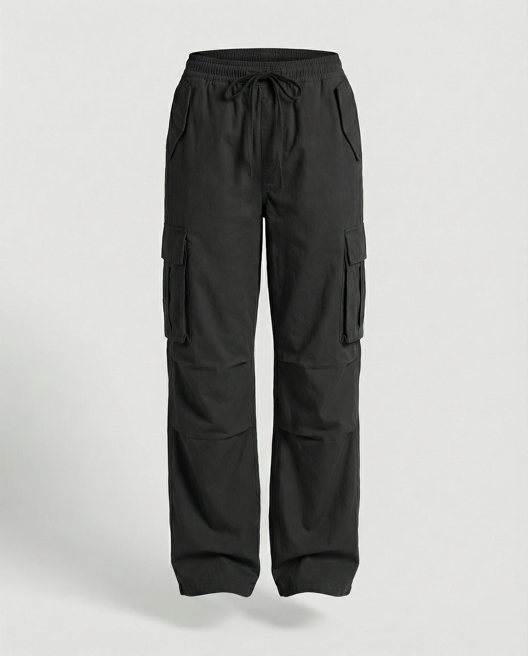 Damen weite Cargo-Hose im Retro-Utility-Stil mit hochgeschnittenem Bund Tunnelzug Mehrfachklappentaschen und verstellbaren Seitenschlaufen R&B