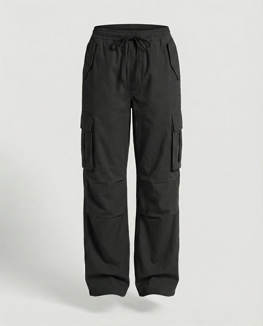 Damen weite Cargo-Hose im Retro-Utility-Stil mit hochgeschnittenem Bund Tunnelzug Mehrfachklappentaschen und verstellbaren Seitenschlaufen R&B