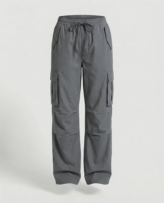 Damen weite Cargo-Hose im Retro-Utility-Stil mit hochgeschnittenem Bund Tunnelzug Mehrfachklappentaschen und verstellbaren Seitenschlaufen R&B