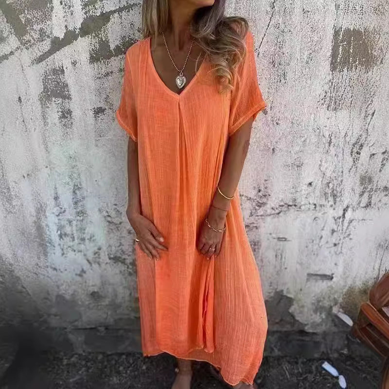 Damen lässiges Langarmkleid mit elegantem V-Ausschnitt und fließendem Design R&B