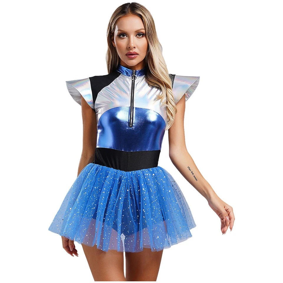 Damen Futuristisches Glitzer-Cocktailkleid mit transparentem Tüll und verstellbarem Reißverschluss R&B