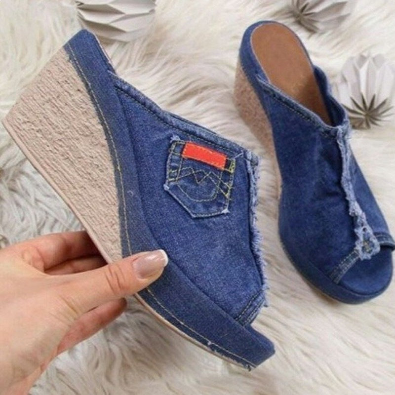 Damen Wedge-Pantoletten mit modischem Jeans-Design R&B