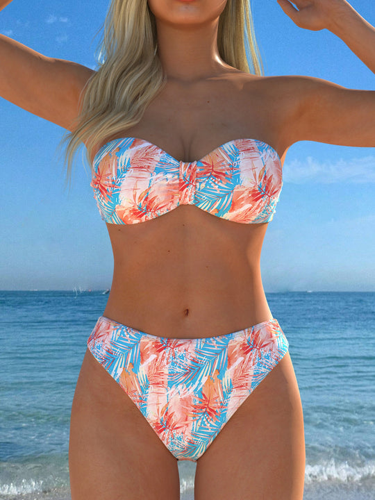 Damen Wickel-Bikini-Set mit floralem Design und hohem Bund R&B