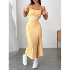 Damen Blumenkleid mit Spaghettiträgern und seitlichem Schlitz R&B