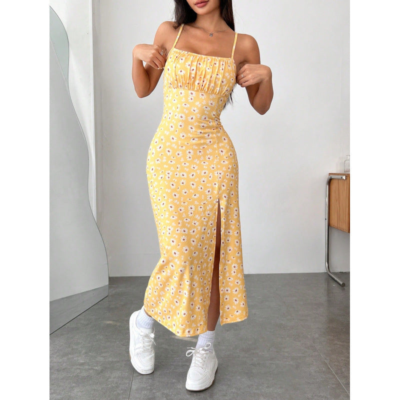 Damen Blumenkleid mit Spaghettiträgern und seitlichem Schlitz R&B