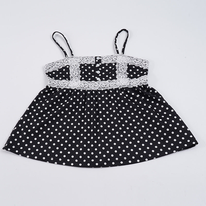Damen Spaghetti-Trägertop mit süßem Spitzenbesatz und Polka-Dots R&B