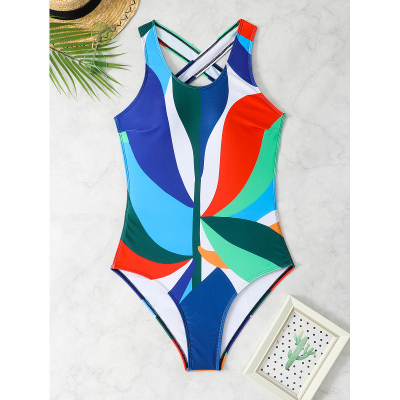 Damen Sportlicher Einteiler Badeanzug mit farbenfrohem Blütenmuster R&B