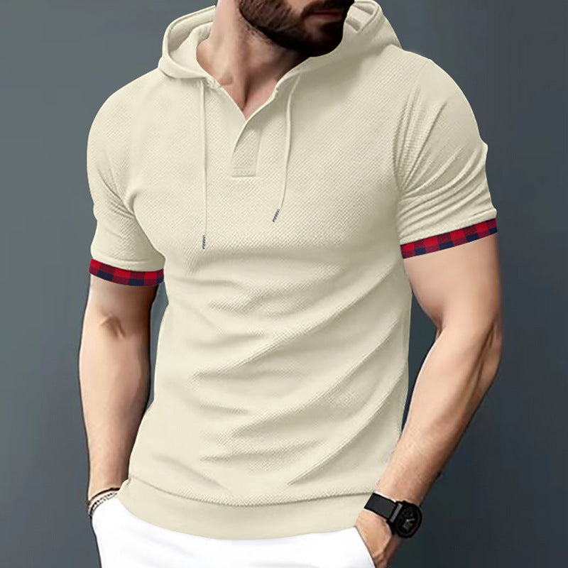 Herren nan figurbetontes Kurzarm-Kapuzenpoloshirt mit Henley-Blende und Kordelzug R&B