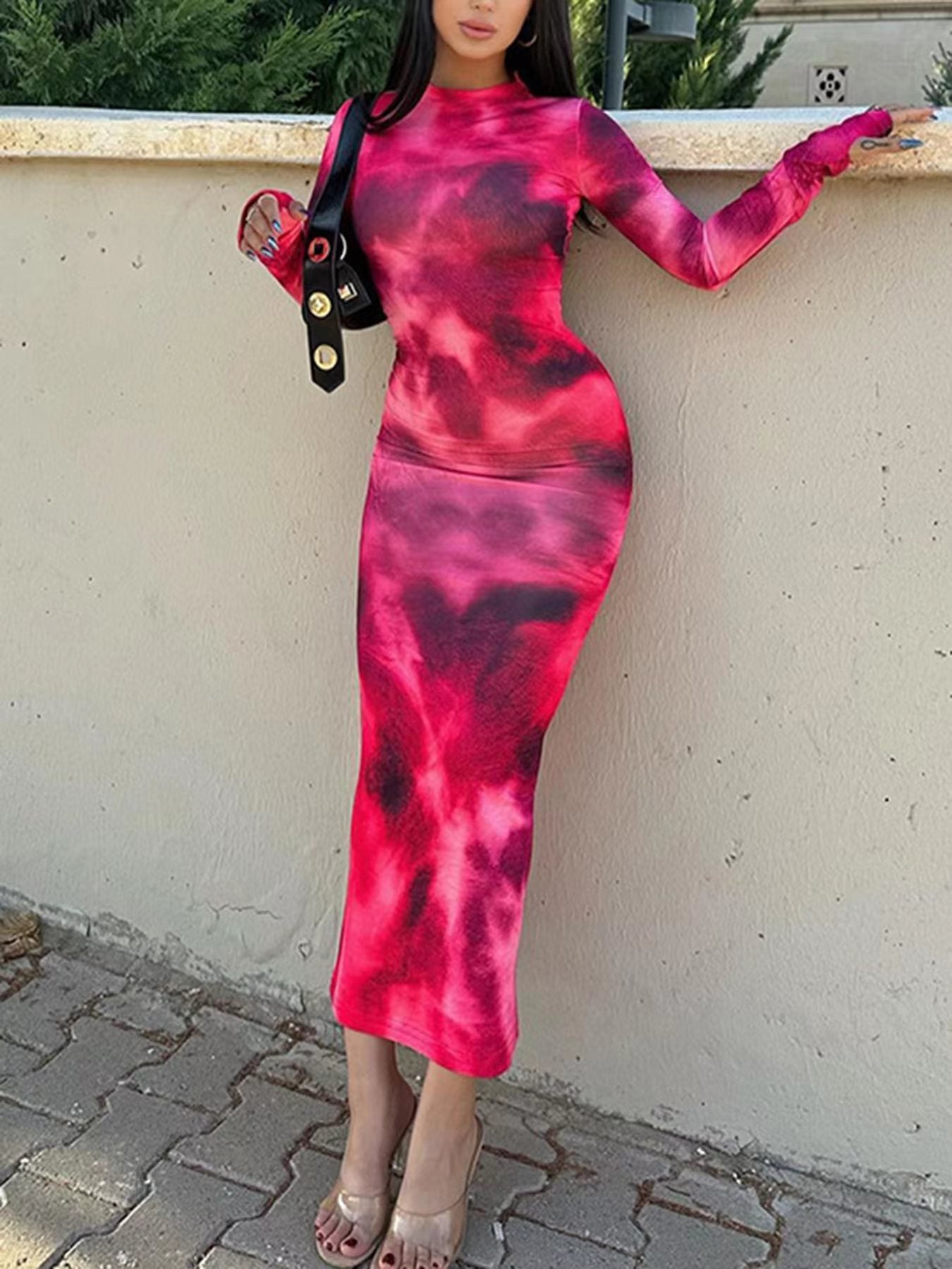 Damen Langarm Maxikleid aus Stretchmaterial mit abstraktem Farbverlauf R&B