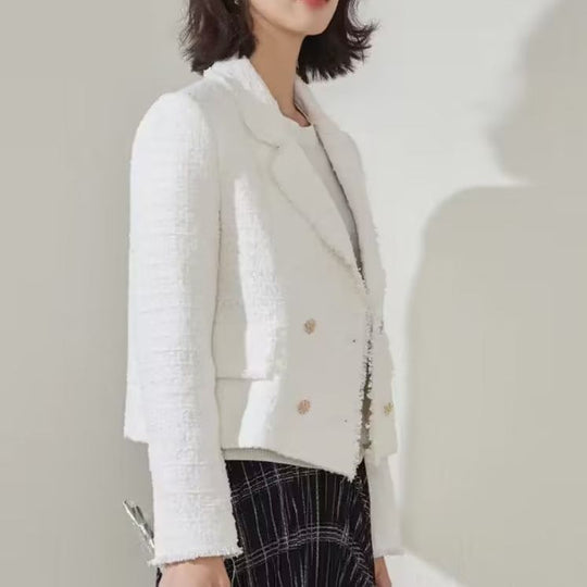 Damen elegante Double-Breasted Blazerjacke mit strukturiertem Gewebe R&B