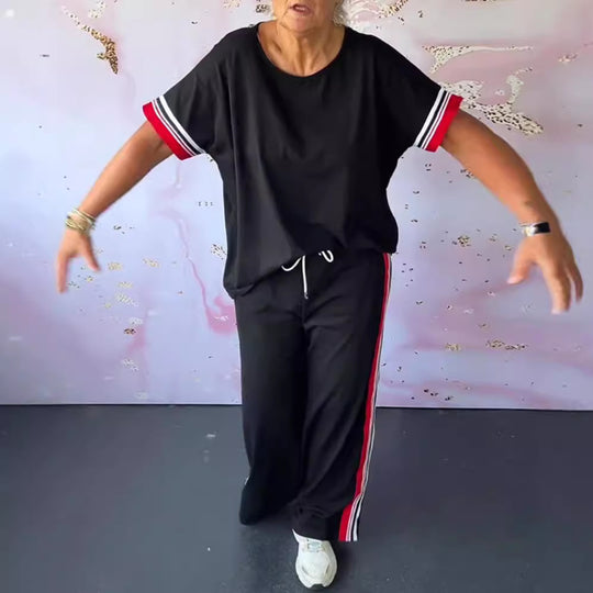Damen nan sportlich-eleganter Zweiteiler mit kastigem Kurzarmshirt, Tunnelzug-Jogpant und seitlichem Kontraststreifen R&B