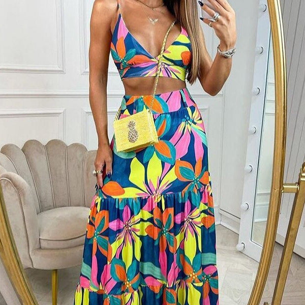 Damen Maxikleid mit floralem Design und verziertem V-Ausschnitt R&B