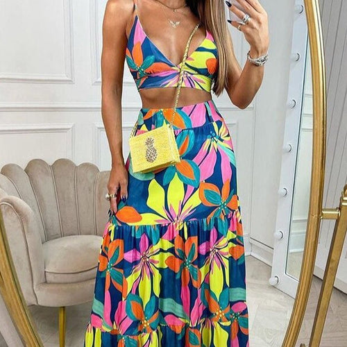 Damen Maxikleid mit floralem Design und verziertem V-Ausschnitt R&B