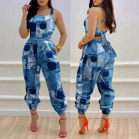 Damen Jumpsuit mit einzigartigem Denim-Print und tailliertem Schnitt R&B