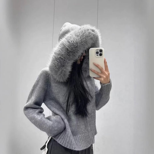 Damen Kuscheliger Hoodie mit attraktivem Fellkragen R&B