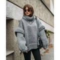 Damen Oversized Strickpullover mit hohem Kragen und voluminösen Ärmeln R&B