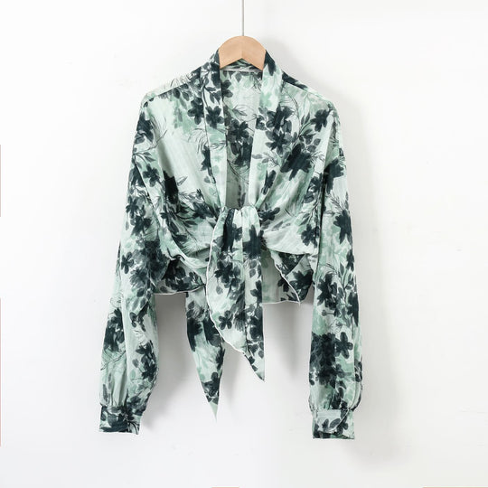 Damen nan florale Knoten-Bluse im Wickelstil mit Ballonärmeln und leichter Leinenoptik R&B