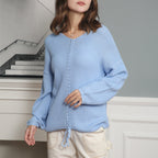 Damen Grobstrick Pullover mit attraktivem V-Ausschnitt und praktischen Kordeldetails