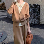 Damen Strickensemble mit eleganter Blusenoptik und weitem Rock R&B