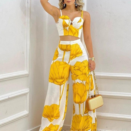 Damen Zweiteiliges Outfit mit floralem Crop-Top und weitem Palazzo-Hosen R&B