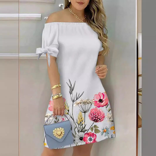 Damen Off-Shoulder Blumenkleid mit Rüschendetails und A-Linien-Schnitt R&B
