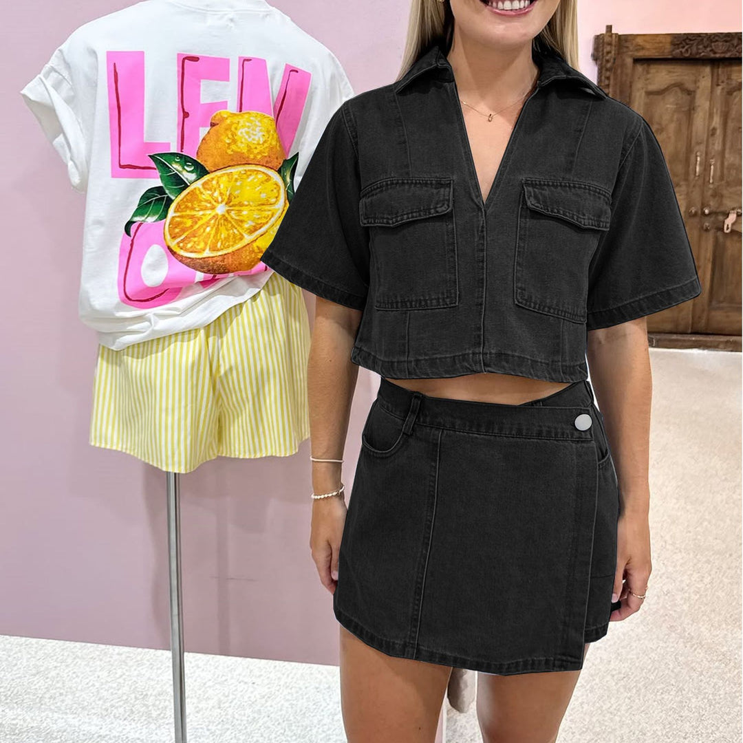 Damen modisches Denim-Kurzoberteil und Rock Set R&B